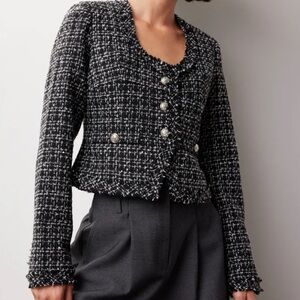 Derek Lam Tweed Scoop Neck Cropped Blazer Jacket